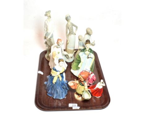 A tray of ceramic figures including Lladro and Royal Doulton together with a box of miscellaneous including jet jewellery, 19