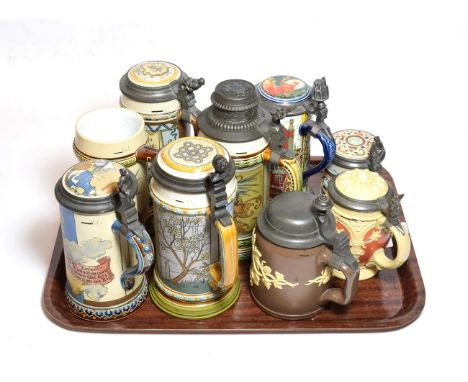 Mettlach steins with various painted scenes including Villeroy &amp; Boch examples and 'The Red Knight' from Russian Fairy Ta