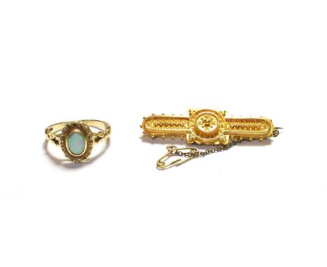 A 15 carat gold bar brooch, length 4.2cm; and an opal cluster ring, finger size N (a.f.).  Brooch - 3.1 grams. Ring - 2.9 gra