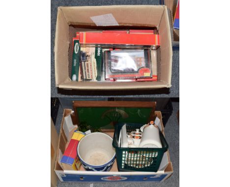 Wedgwood Jasper ware planter, an oak tray, Burslem breakfast service, three pieces of Victorian glass (in two boxes) 