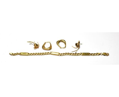 A fancy link bracelet, stamped '750', length 19.8cm; a pair of bow motif earrings, unmarked; and a pair of hoop earrings, sta