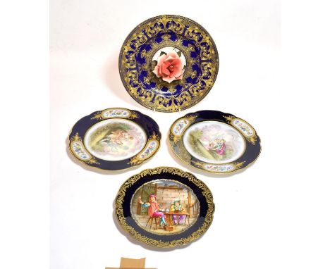 Three Sevres porcelain cabinet plates, painted with various scenes, largest 24cm diameter; together with Royal Worcester gilt