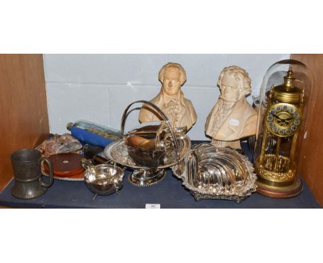 A selection of silver plated ware, anniversary glass domed mantel timepiece, pair of busts of ''Beethoven'' and ''Mozart'' et