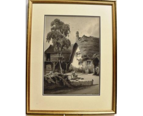 1985, page 82, Fig.HARRY FRIER (BRITISH, 1849-1921)  Alphington, near Exeter: thatched cottage and washer-woman,  ink and gre