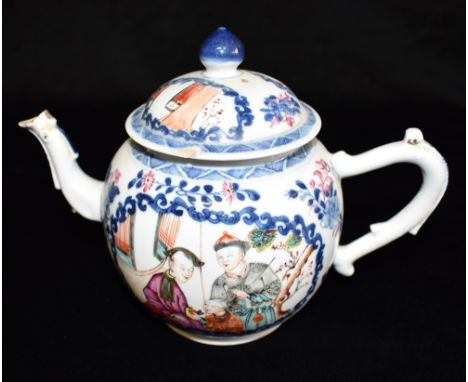 A CHINESE PORCELAIN TEAPOT  the reserves enamelled with a couple and child in a garden, naturalistically modelled twig handle