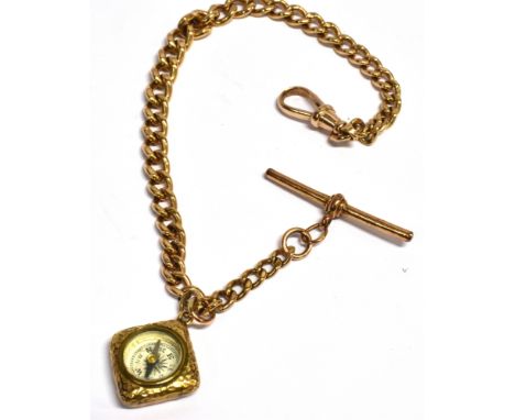 A HALLMARKED 9CT ROSE GOLD WATCH ALBERT  with a compass fob, the graduating curb link Albert 23cm long, square compass fob wi