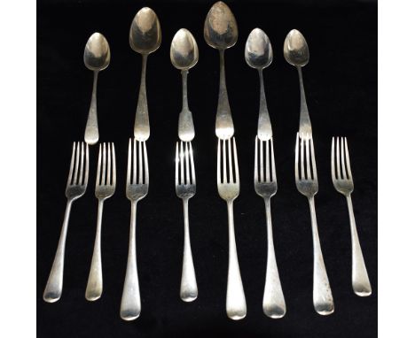 A QUANTITY OF FOURTEEN ITEMS OF GEORGIAN SILVER FLATWARE Comprising two table spoons, four table forks and four dessert spoon