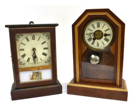 TWO AMERICAN MANTLE CLOCKS:  one with alarm, trade label for 'PB' clocks, 31cm high; one in faux rosewood case by the Congres