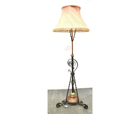 A WROUGHT IRON AND COPPER TELESCOPIC LAMP STANDARD  converted from an oil lamp stand Condition Report : converted to electric