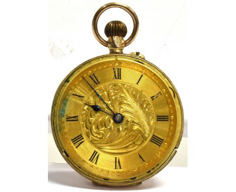 A LADIES 9CT GOLD FOB WATCH the floral design dial with scroll and floral decoration to reverse, winding movement, case size 