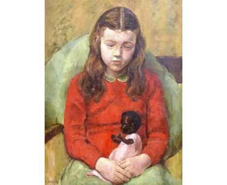 RACHEL ANN LE BAS, N.E.A.C., R.E. (ENGLISH, 1923-2020)  'Tina', Half-length Portrait of a Seated Girl with a Doll,  oil on ca