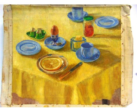 RACHEL ANN LE BAS, N.E.A.C., R.E. (ENGLISH, 1923-2020) Breakfast with Blue Pottery, oil on canvas, unsigned, 45.5cm x 50.5cm,