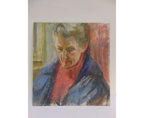 RACHEL ANN LE BAS, N.E.A.C., R.E. (ENGLISH, 1923-2020)  Portrait of a Lady Looking Downward,  oil on board, unsigned, 40.5cm 
