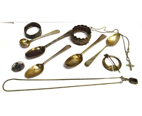 FOUR ITEMS OF SILVER JEWELLERY  Comprising two pendants with chains, a stone set brooch and a Scottish silver Celtic style pi