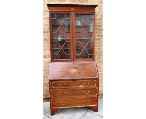 MAHOGANY AND SATINWOOD INLAID BUREAU BOOKCASE, the upper section with a pair of astragal glazed doors, with three adjustable 