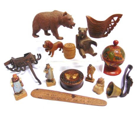 ASSORTED TREEN &amp; OTHER COLLECTABLES  comprising a Black Forest style prowling bear, 19.5cm long; another, seated, 9.5cm h