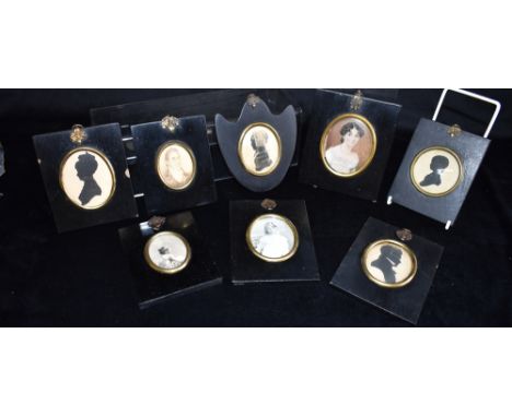A GROUP OF EIGHT 19TH CENTURY PORTRAIT MINATURES  including four silohuettes and a painted portrait of a young lady, each in 