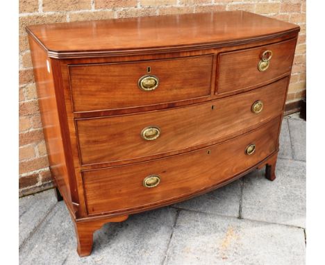 20TH CENTURY BOWFRONTED CHEST OF TWO SHORT, OVER TWO LONG DRAWERS raised on bracket feet, 87cm x 54cm x 57cm