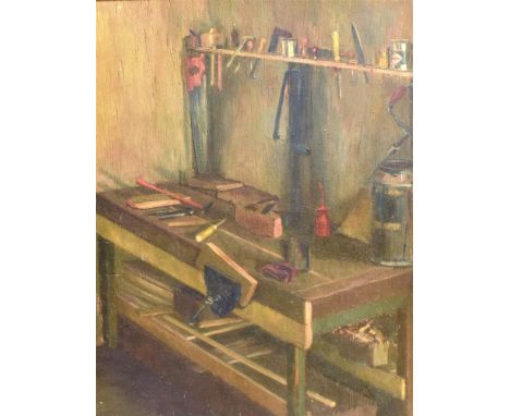 RACHEL ANN LE BAS, N.E.A.C., R.E. (ENGLISH, 1923-2020)  'The Bench',  oil on panel, signed lower left, titled to label verso,