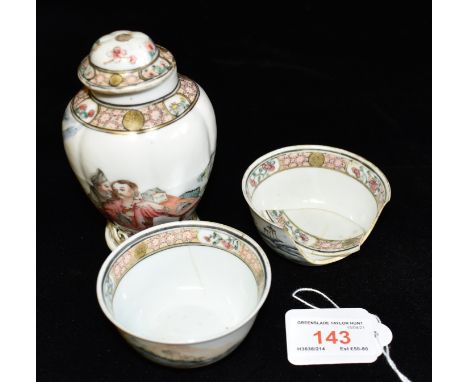 A CHINESE PORCELAIN LIDDED CADDY  of lobed baluster, and pair of matching tea bowls, each finely enamelled with courting coup