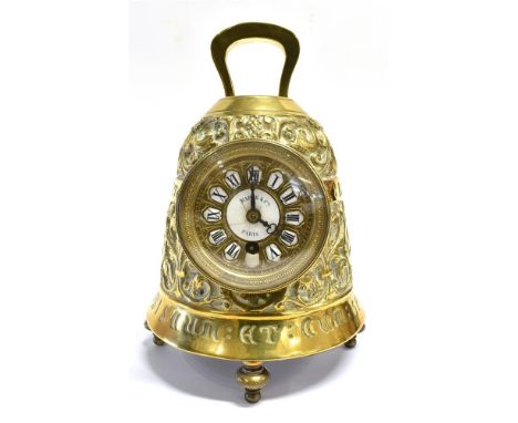A BRASS MANTLE CLOCK IN THE FORM OF A BELL  the enamel dial signed 'MAPLE &amp; CO PARIS', the body with relief foliate decor