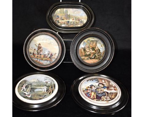 FIVE FRAMED STAFFORDSHIRE PRATTWARE POT LIDS  including 'Youth and Age', 'Pheasant Shooting', 'Pegwell Bay - The Shrimpers', 