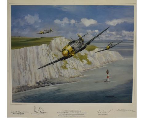 MILITARIA - MICHAEL TURNER (BRITISH, B.1934)  'Eagles Over the Channel - Messerschmitt Bf 109E's... come in low over Beachy H