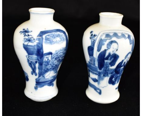 TWO CHINESE PORCELAIN VASES OF BALUSTER FORM  each with underglaze blue painted decoration of figures in garden setting, 12cm