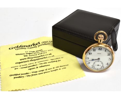A ROLEX, 9CT GOLD OPEN FACED POCKET WATCH the white enamel dial with subsidiary seconds dial, the crown winding steel bar mov