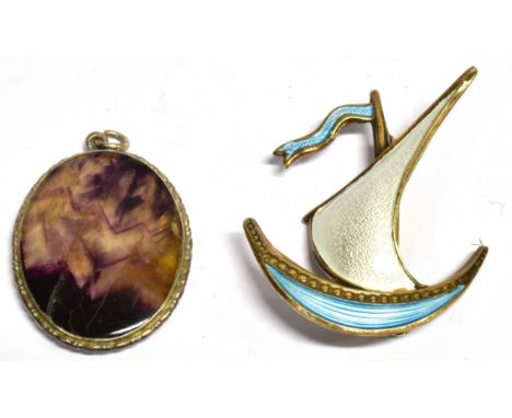 A NORWEGIAN SILVER AND ENAMEL LONGBOAT BROOCH together with a blue john set silver pendant Condition Report : brooch good inc