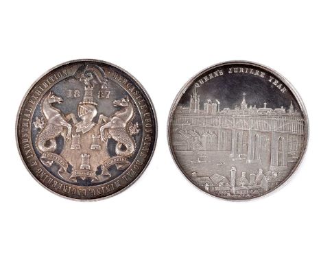 Newcastle Upon Tyne Royal Mining, Engineering &amp; Industrial Exhibition: a silver specimen medal, Queen Victoria's Jubilee 