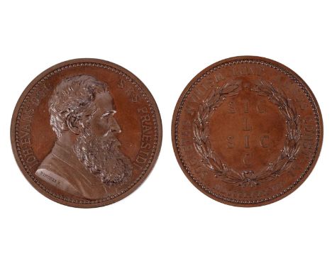 Sir John Evans, 1887: a bronze medal, obverse profile bust of Sir John Evans with IOH EVANS D C L S R S PRAESIDI legend, reve
