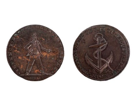 British 18th Century token: a sailor standing facing, legs apart, head right, J SPENCE SLOP-SELLER NEWCASTLE around, JAMES in