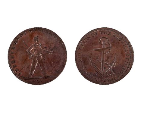 A British 18th Century token: obv. a sailor standing facing, legs apart, head right, J SPENCE SLOP-SELLER NEWCASTLE around, J