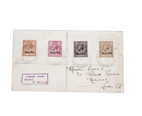 Nauru 1919 Pleasant Island cover, R. No. 1120, addressed to Messers Ewens, 30 Palace Square, Norwood, London S.E., with four 