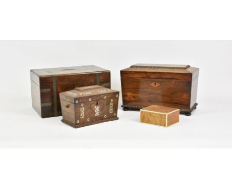 Four antique boxes and caddies, to include a satinwood veneered cigarette box; a mother of pearl inlaid twin compartment tea 