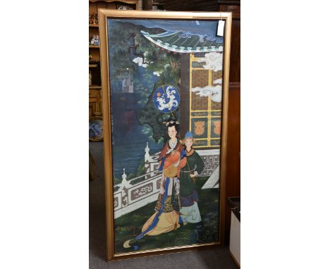 A large Chinese gouache painting, early to mid-20th century, depicting a noblewoman and attendant beside a lake in a fenced g