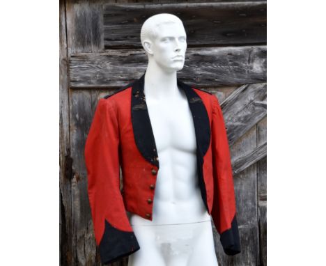 A 2nd Royal Guernsey Light Infantry scarlet Mess jacket / tunic, black long collar, with leopards passant to either side, pla