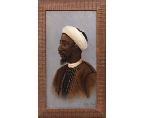 R Trinidad, early 20th century, Portrait of a North African Man. oil on a chamfered panel, signed lower right, framed. 11¼ x 