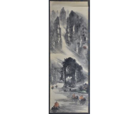 A Chinese scroll painting, 20th century, watercolour on paper, signed with calligraphy and oval red seal, depicting a serene 