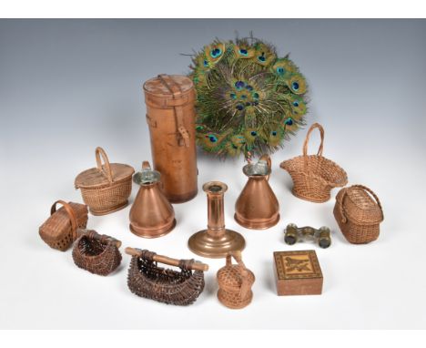A collection of vintage / antique curiosities and collectables, to include a peacock feather fan; collection of miniature wic