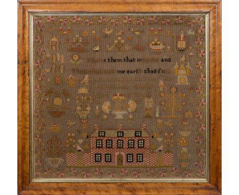 A large Victorian needlework sampler, inscribed 'Sarah Ann Walker Aged 12 Years 1867', with a short verse above a brick count