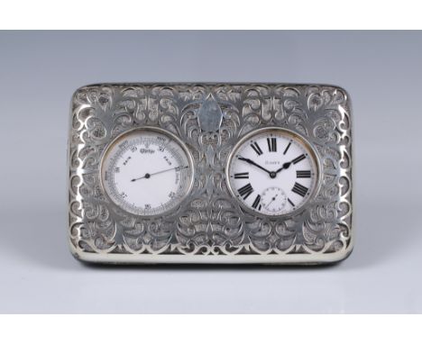 An Edwardian silver mounted desk barometer and clock, William Comyns, London 1902, with a chrome plated pocket barometer and 