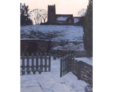 John Foulger (British, 1943-2007), “Staunton–on–Arrow Church from Stream Cottage, Herefordshire”. acrylic on board, signed lo