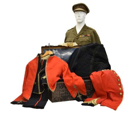 Royal Jersey Infantry interest - Lord Alexander Coutanche's uniforms contained in metal trunk, the uniforms - scarlet tunic, 