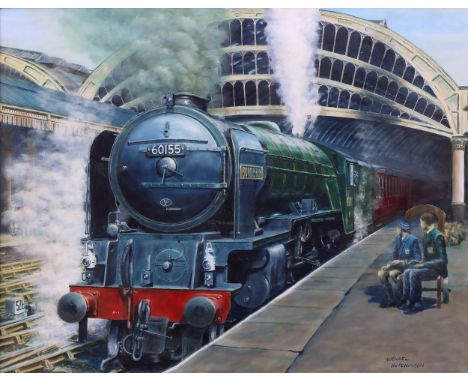Joe Townend, (British b. 1946), A1 Class Steam Locomotive 60155 ‘Borderer’ at York Station. oil on canvas, signed lower right