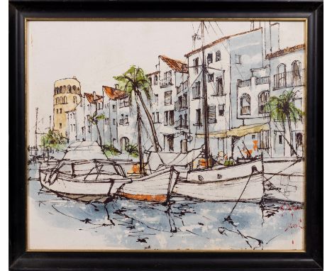 Bernard Dufour (French 1922-2016), Mediterranean Marina. ink and oil on hardboard, signed lower right, framed. 14¾ x 17¾in. (