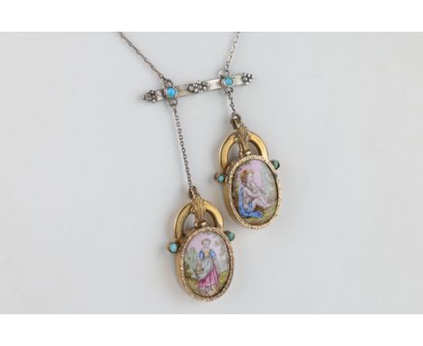 An Edwardian silver, gilt metal, turquoise and enamel double pendant necklace, probably Continental, with two oval enamel pla