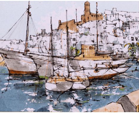 Bernard Dufour (French, 1922-2016), Mediteranean Harbour. oil on canvas, signed lower right, (partially beneath slip), signed
