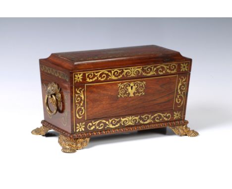 A Regency Rosewood and brass inlaid tea caddy, with blue velvet lined interior with void for mixing bowl and twin tin lined p